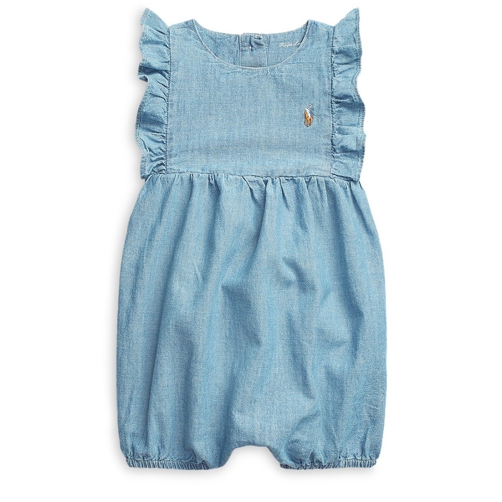 Ralph Lauren Girls' Chambray Ruffle Bubble Romper - Baby 24 months EUC $50